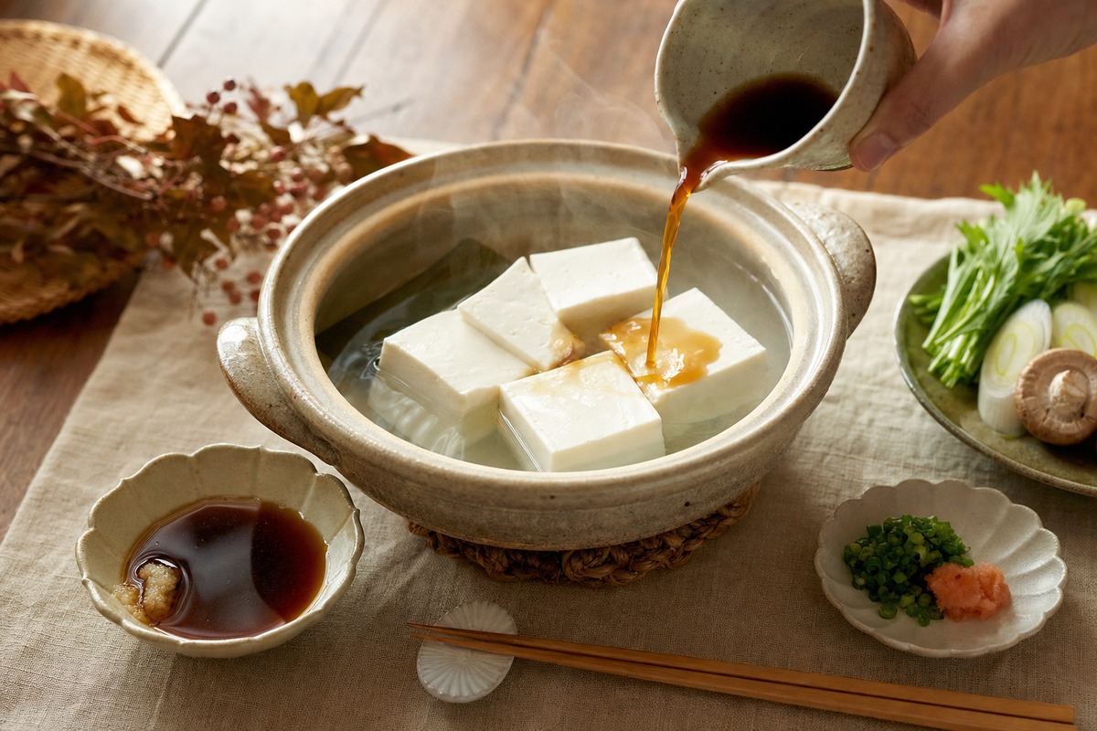 湯豆腐にぽん酢をかけるシーン